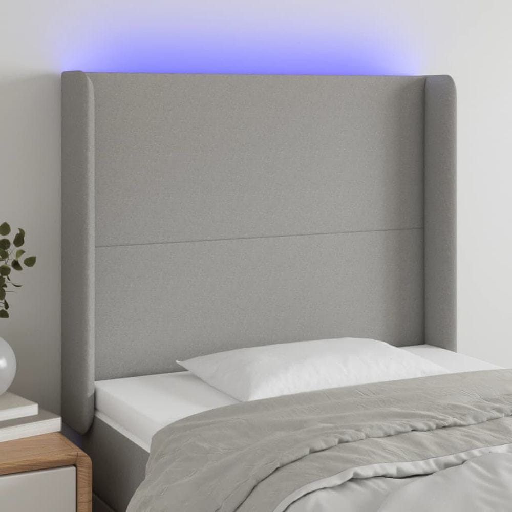 Vidaxl Čelo postele s LED bledosivé 93x16x118/128 cm látka